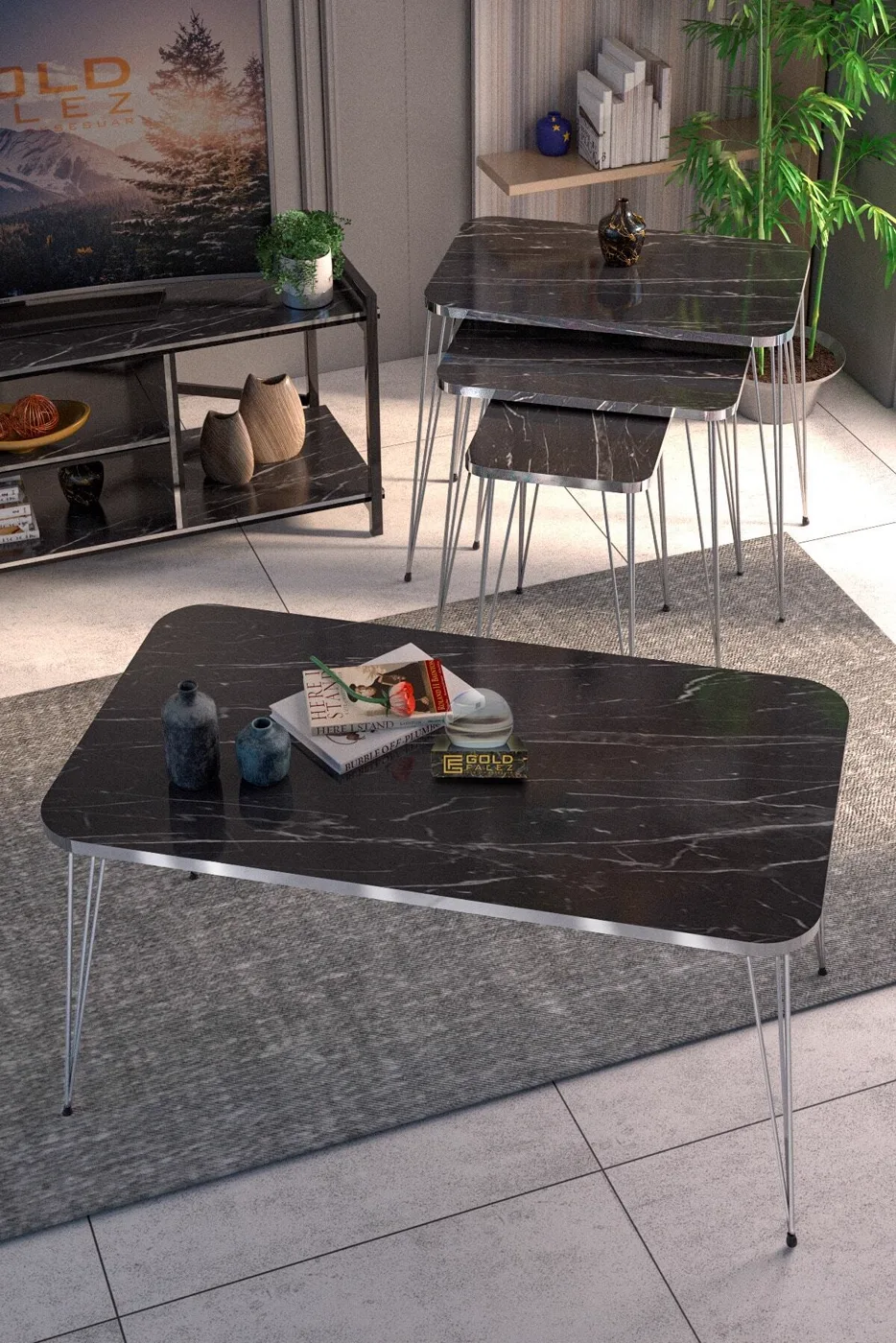 Rectangular 4-Piece Table Set Gold Wire Legs - Black Marble Effect