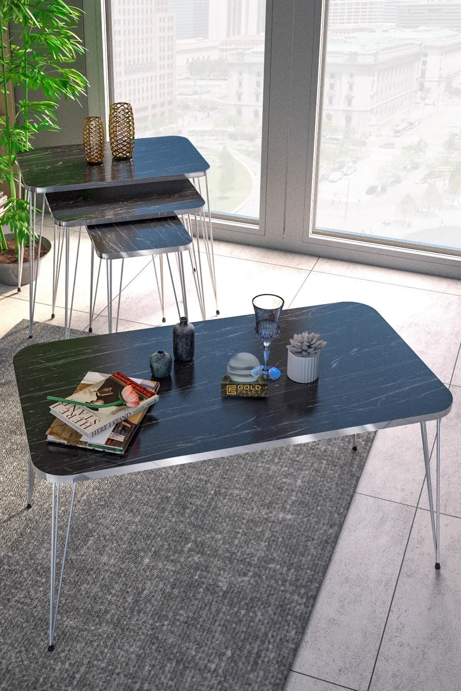 Rectangular 4-Piece Table Set Gold Wire Legs - Black Marble Effect