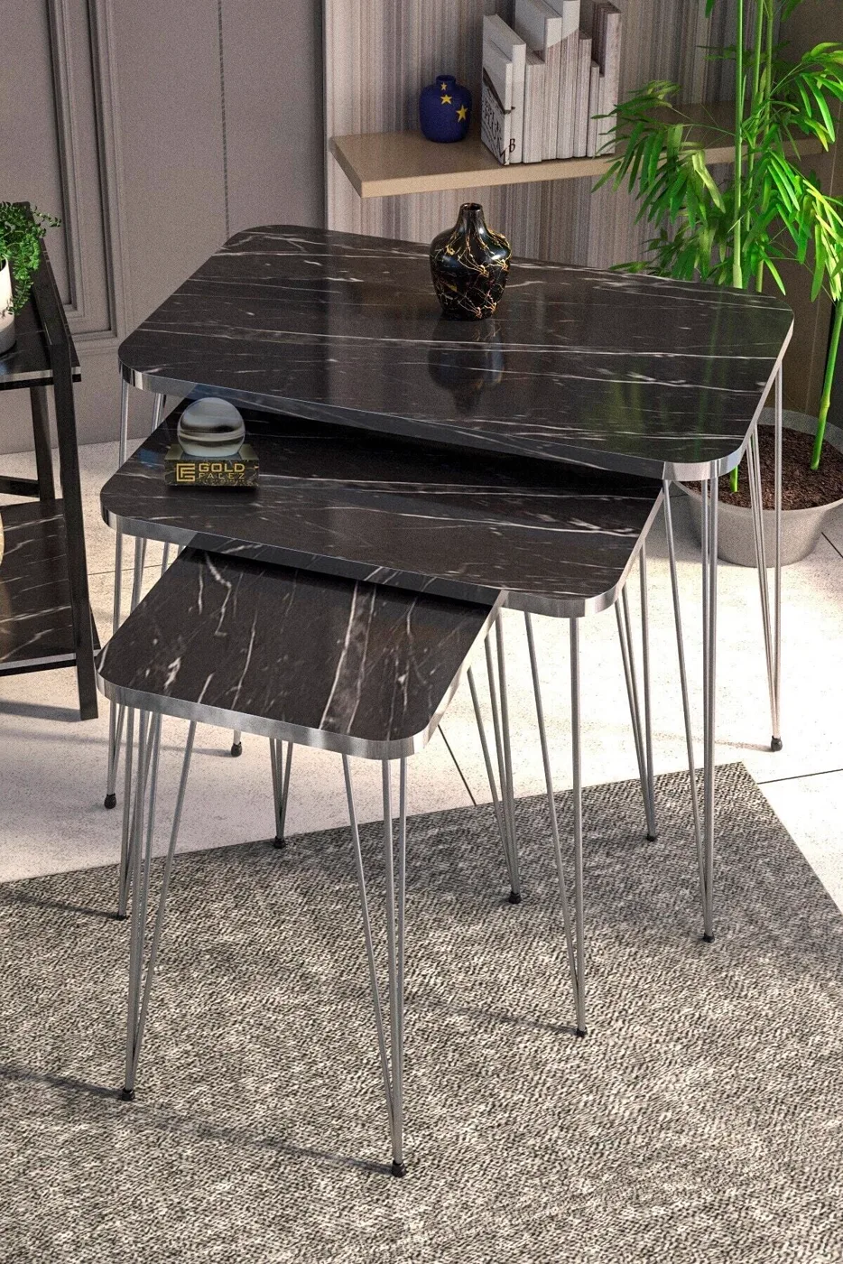 Rectangular 4-Piece Table Set Gold Wire Legs - Black Marble Effect