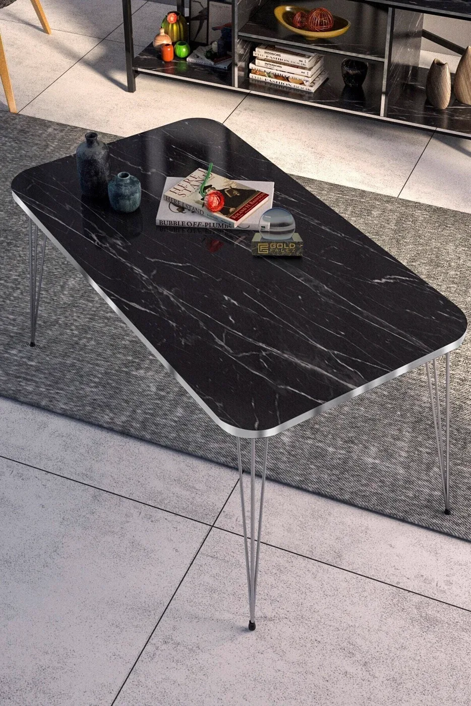 Rectangular 4-Piece Table Set Gold Wire Legs - Black Marble Effect