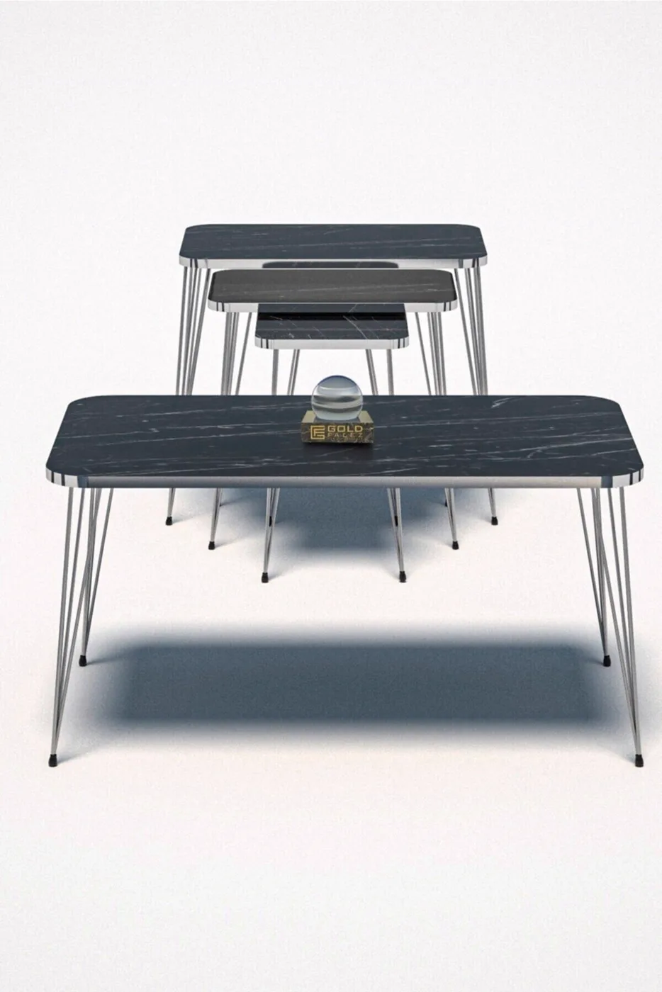Rectangular 4-Piece Table Set Gold Wire Legs - Black Marble Effect