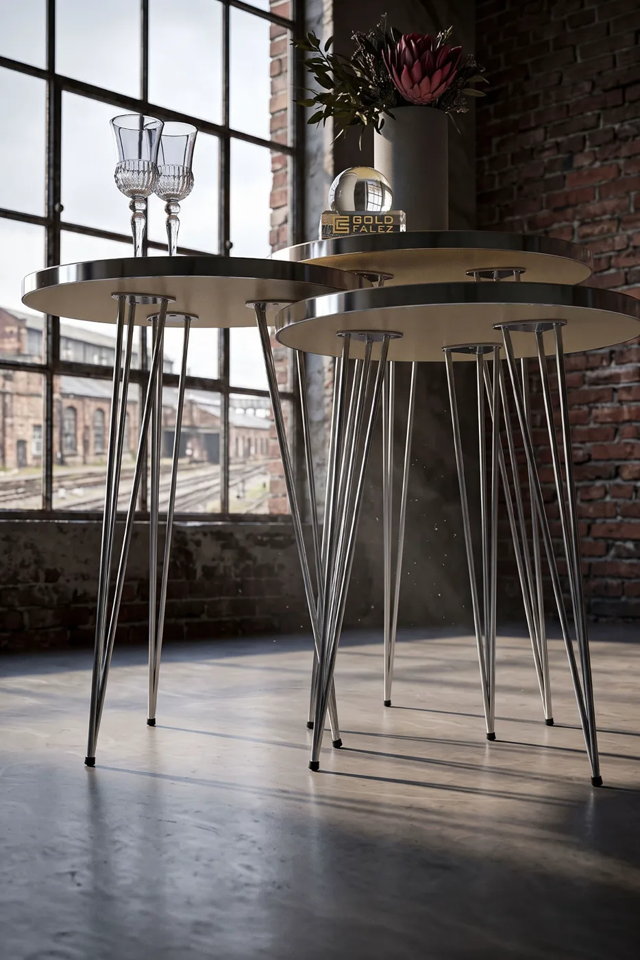 Round Nesting Table Set Gold Wire Legs - Cream