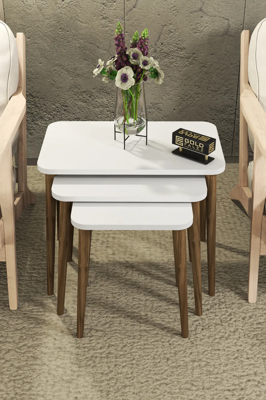 3-Piece Rectangular Nesting Table Set Turned Wooden Legs - White
