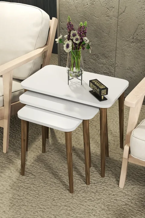 3-Piece Rectangular Nesting Table Set Turned Wooden Legs - White
