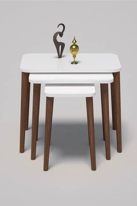 3-Piece Rectangular Nesting Table Set Turned Wooden Legs - White