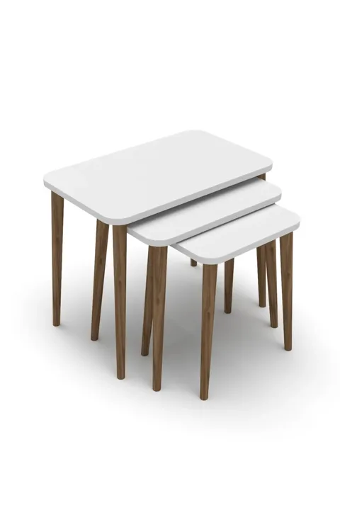 3-Piece Rectangular Nesting Table Set Turned Wooden Legs - White