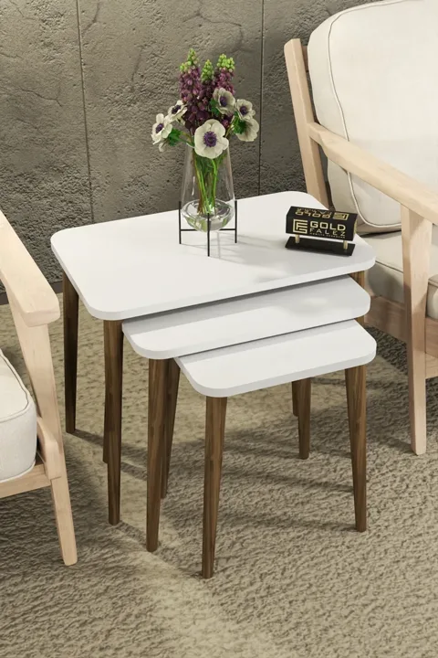3-Piece Rectangular Nesting Table Set Turned Wooden Legs - White