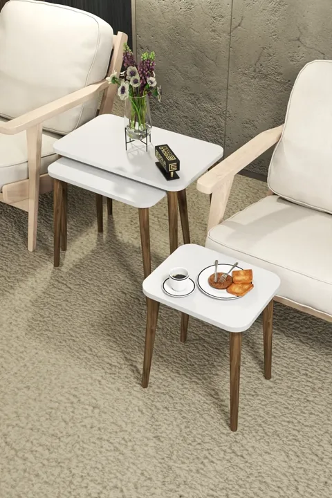 3-Piece Rectangular Nesting Table Set Turned Wooden Legs - White