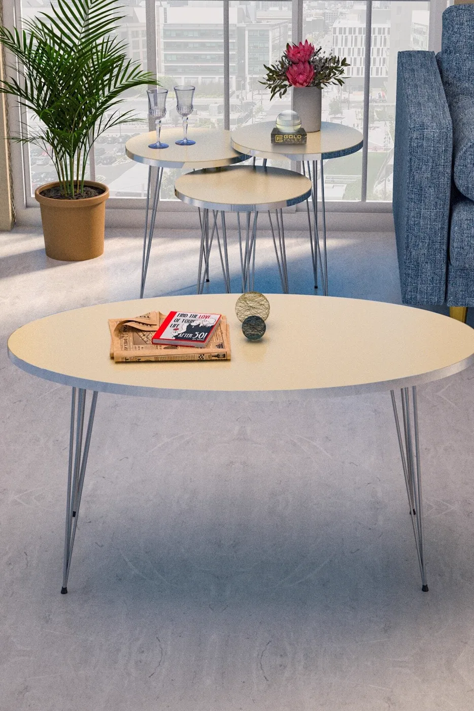 Oval 4-Piece Table Set Gold Wire Legs - Cream