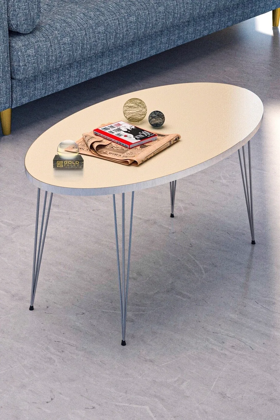 Oval 4-Piece Table Set Gold Wire Legs - Cream