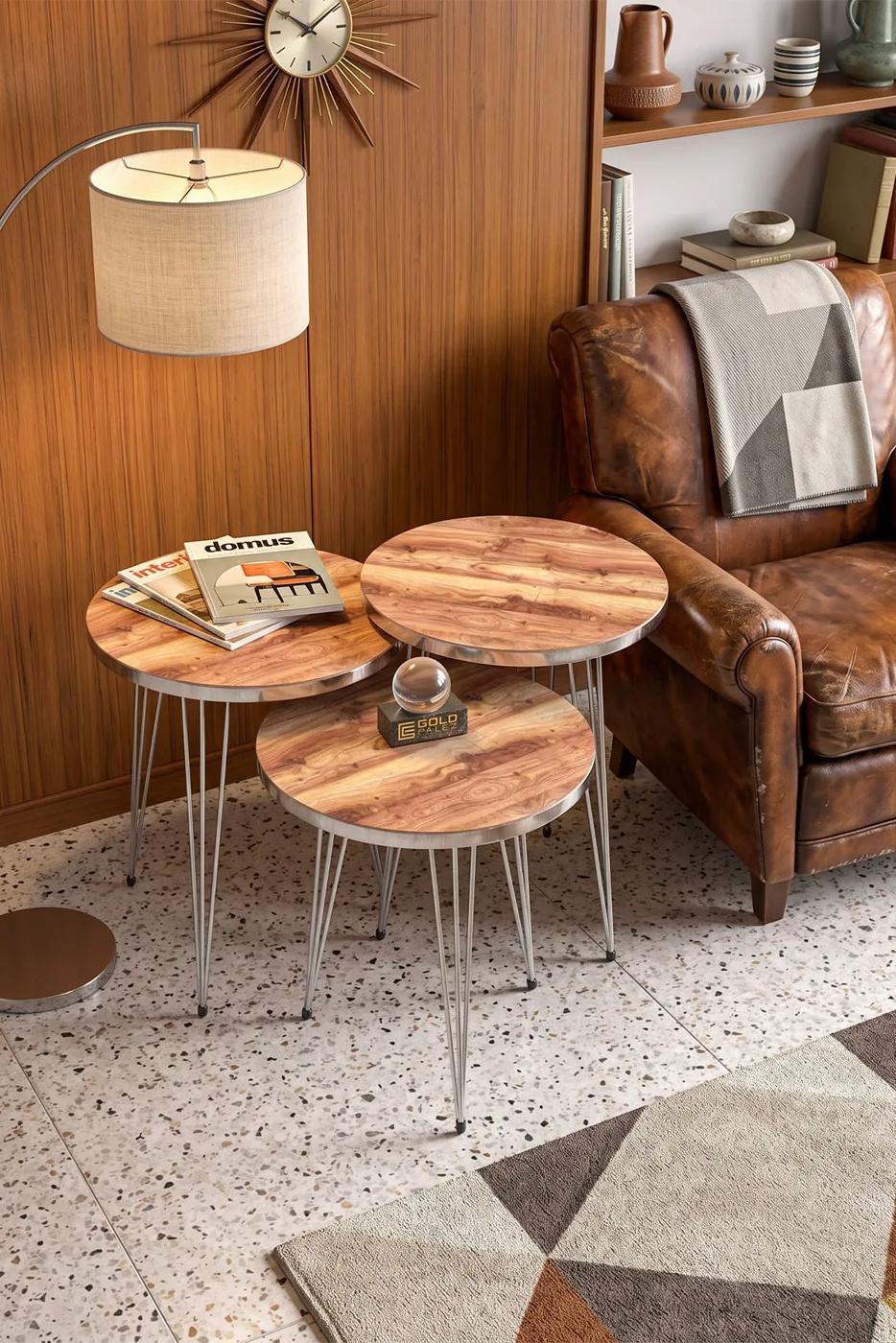 Round Nesting Table Set Gold Wire Legs - Walnut