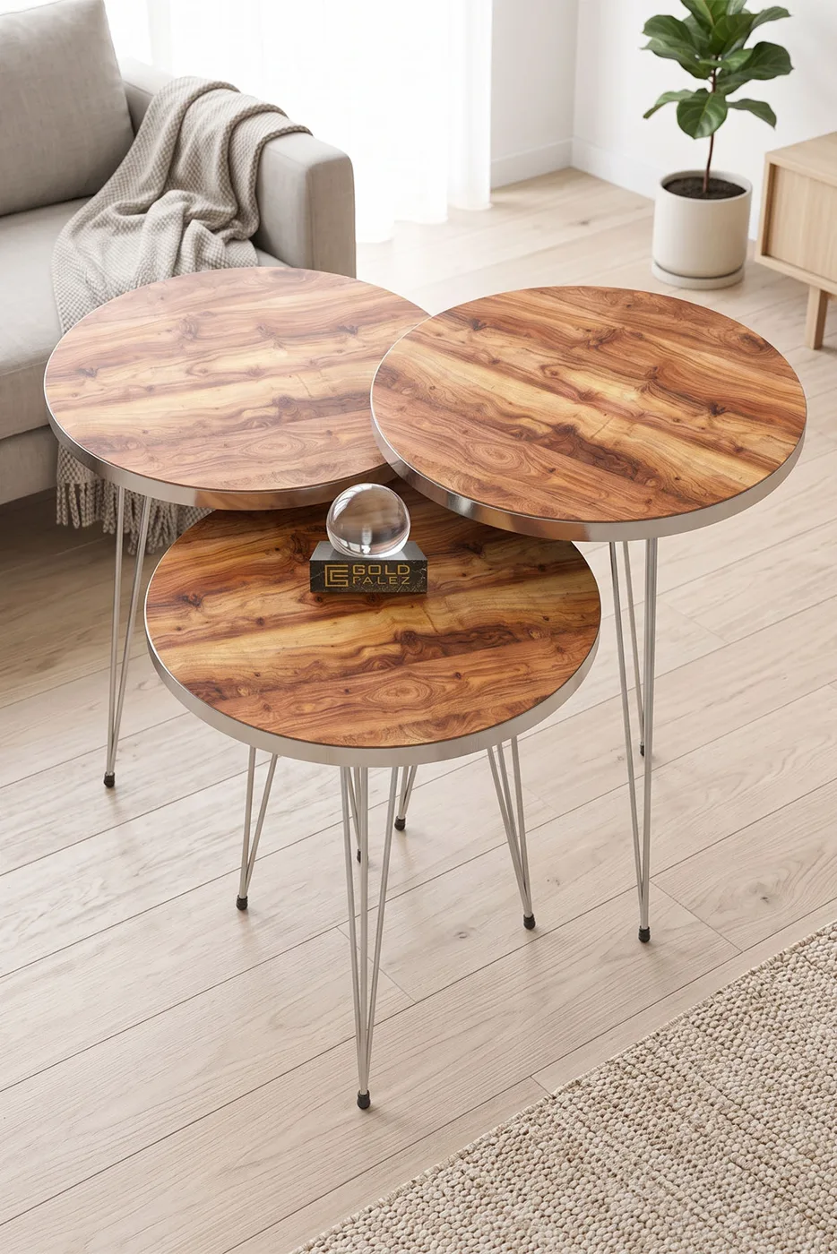 Round Nesting Table Set Gold Wire Legs - Walnut