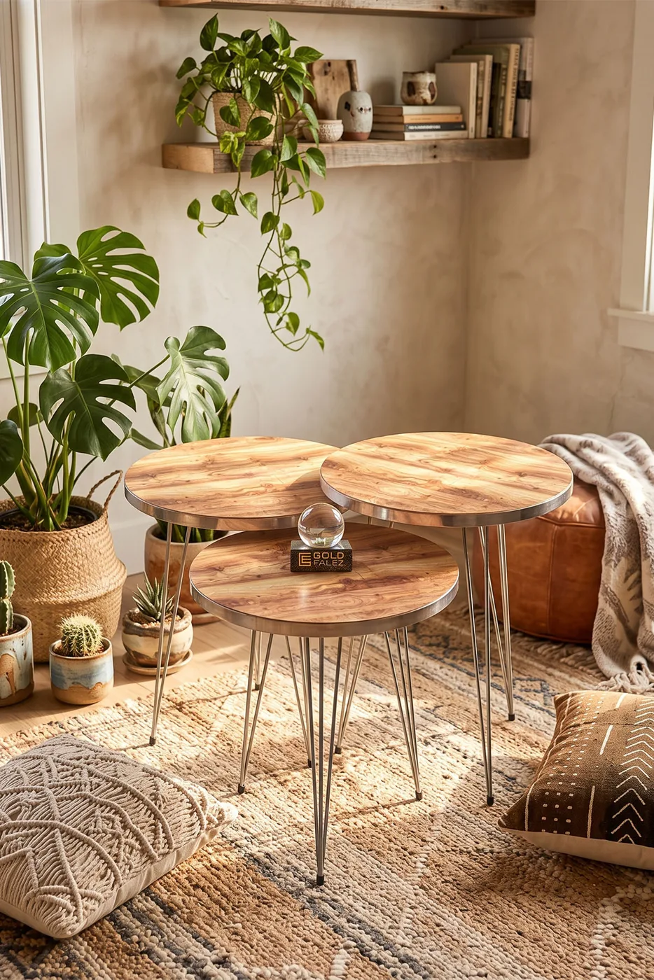 Round Nesting Table Set Gold Wire Legs - Walnut