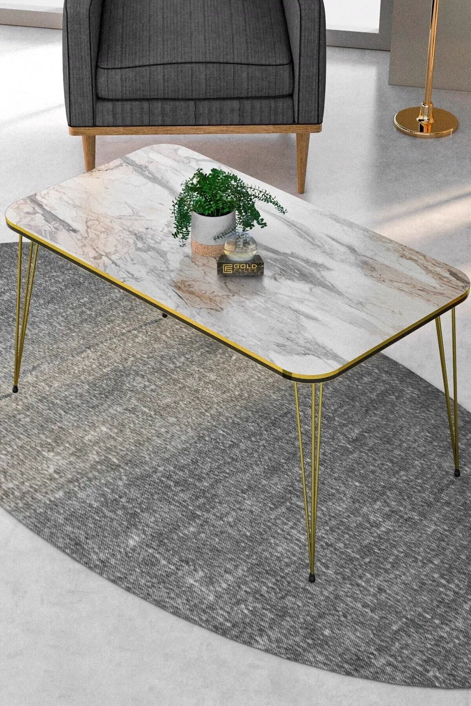 Rectangular Coffee Table Gold Wire Legs - White