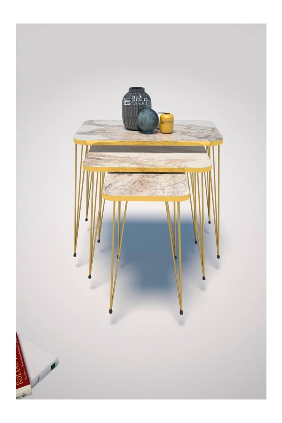Rectangular Nesting Table Set Gold Wire Legs - White Marble Effect