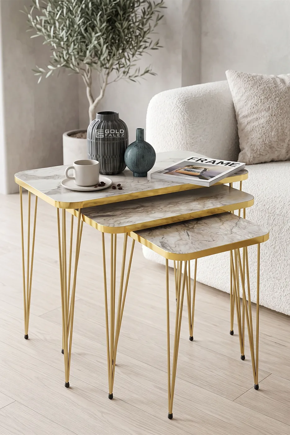 Rectangular Nesting Table Set Gold Wire Legs - White Marble Effect