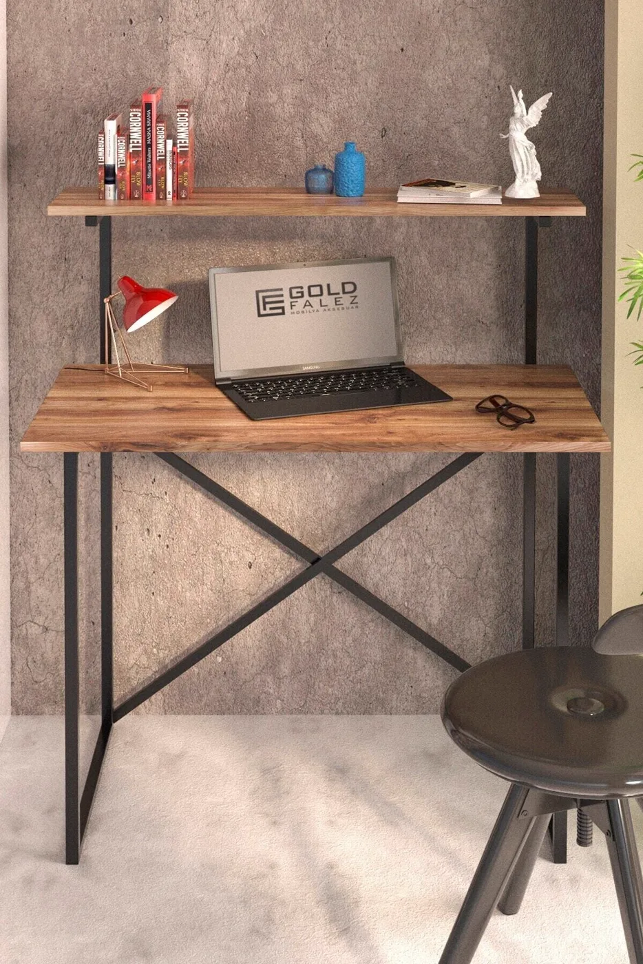 Bureau polyvalent avec étagère frontale - noyer