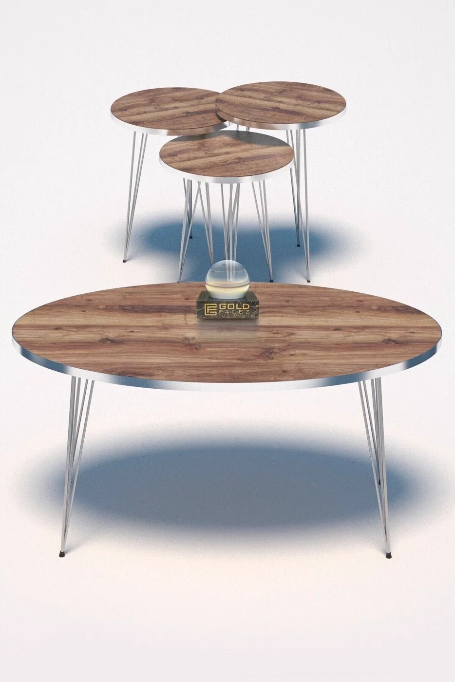 Oval 4-Piece Table Set Gold Wire Legs - Walnut