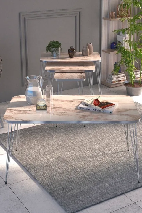 Rectangular 4-Piece Table Set Gold Wire Legs - White Marble Effect