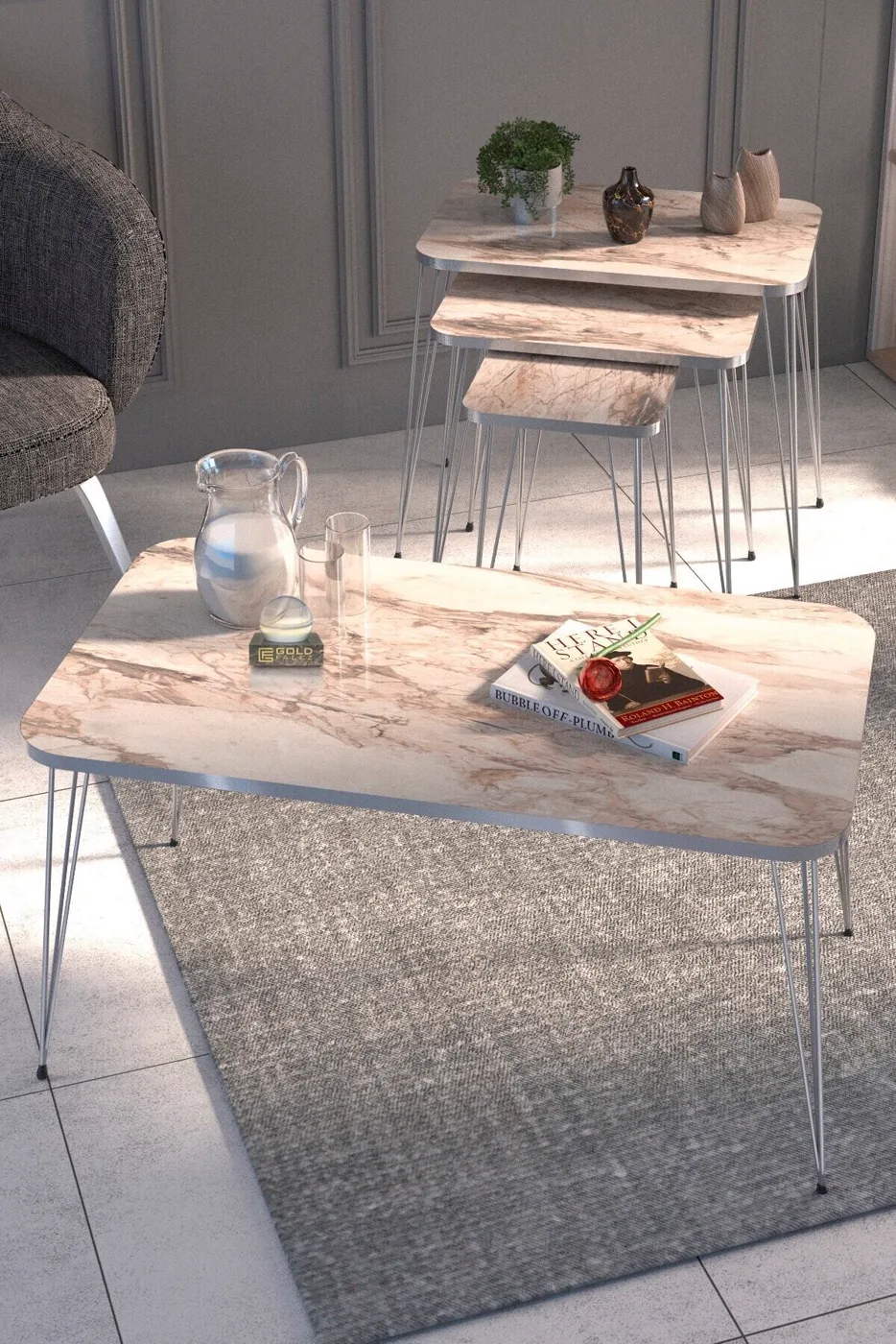 Rectangular 4-Piece Table Set Gold Wire Legs - White Marble Effect