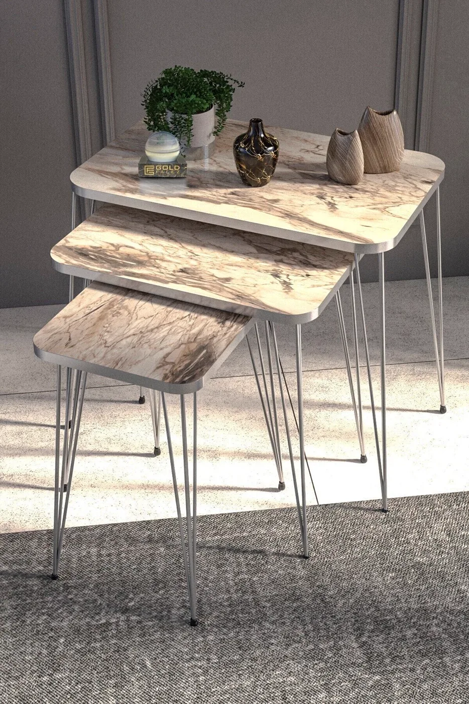 Rectangular 4-Piece Table Set Gold Wire Legs - White Marble Effect
