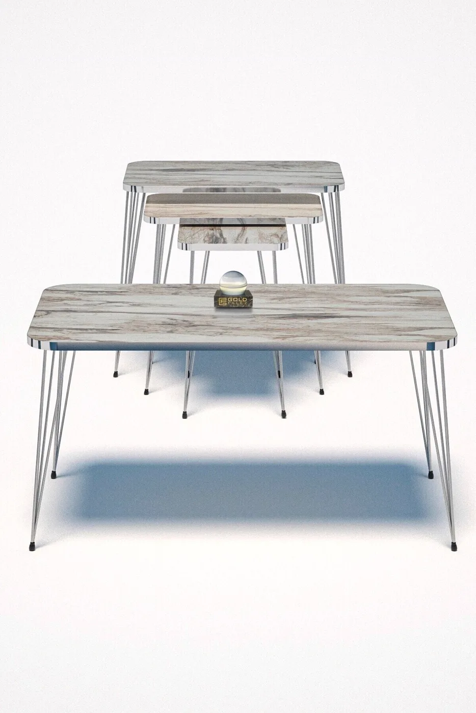 Rectangular 4-Piece Table Set Gold Wire Legs - White Marble Effect
