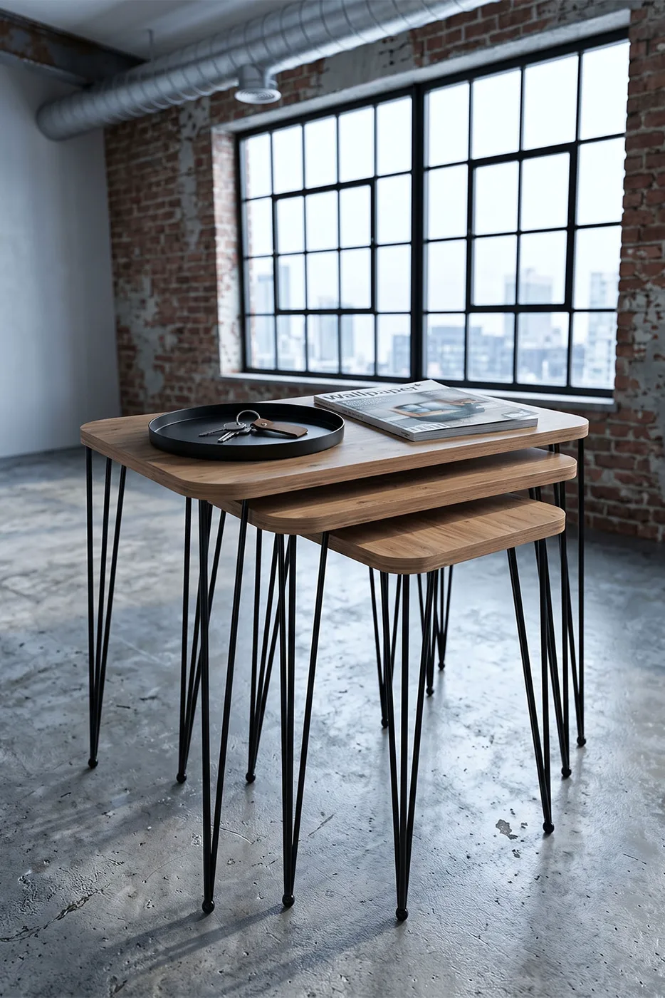 Rectangular Nesting Table Set Wire Legs - Walnut
