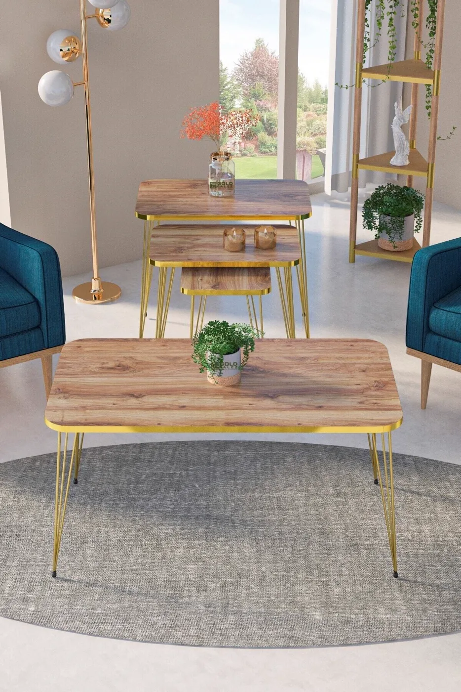Rectangular 4-Piece Table Set Gold Wire Legs - Walnut