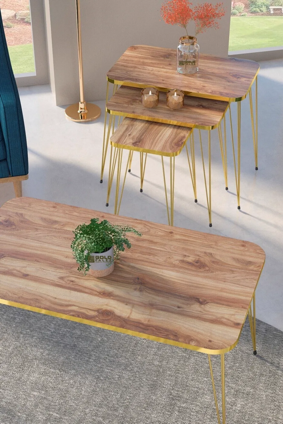 Rectangular 4-Piece Table Set Gold Wire Legs - Walnut