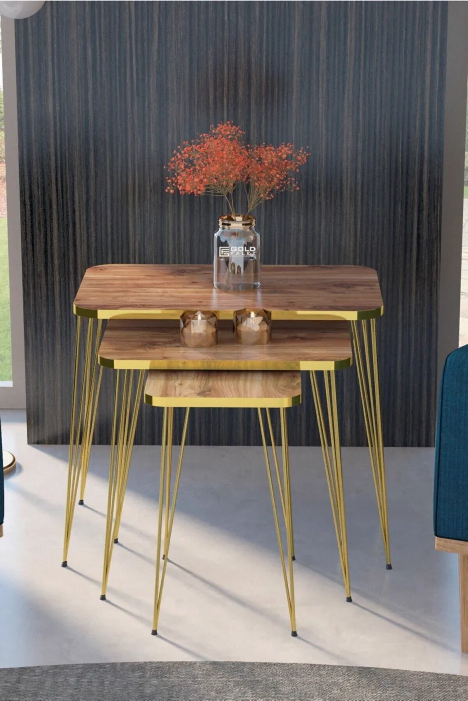 Rectangular 4-Piece Table Set Gold Wire Legs - Walnut