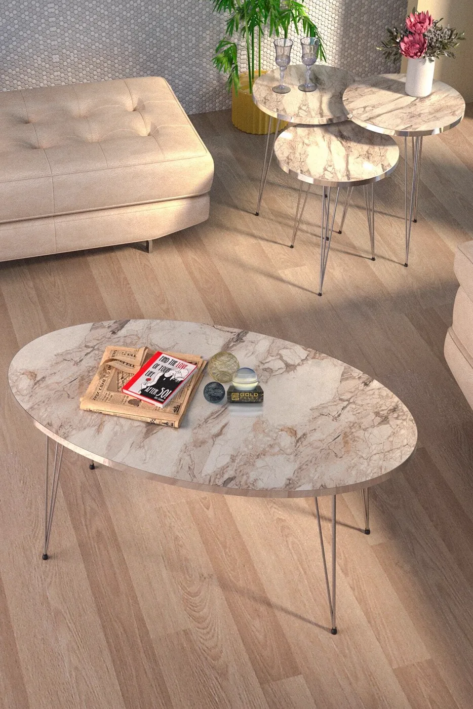 Oval 4-Piece Table Set Gold Wire Legs - White Marble Effect