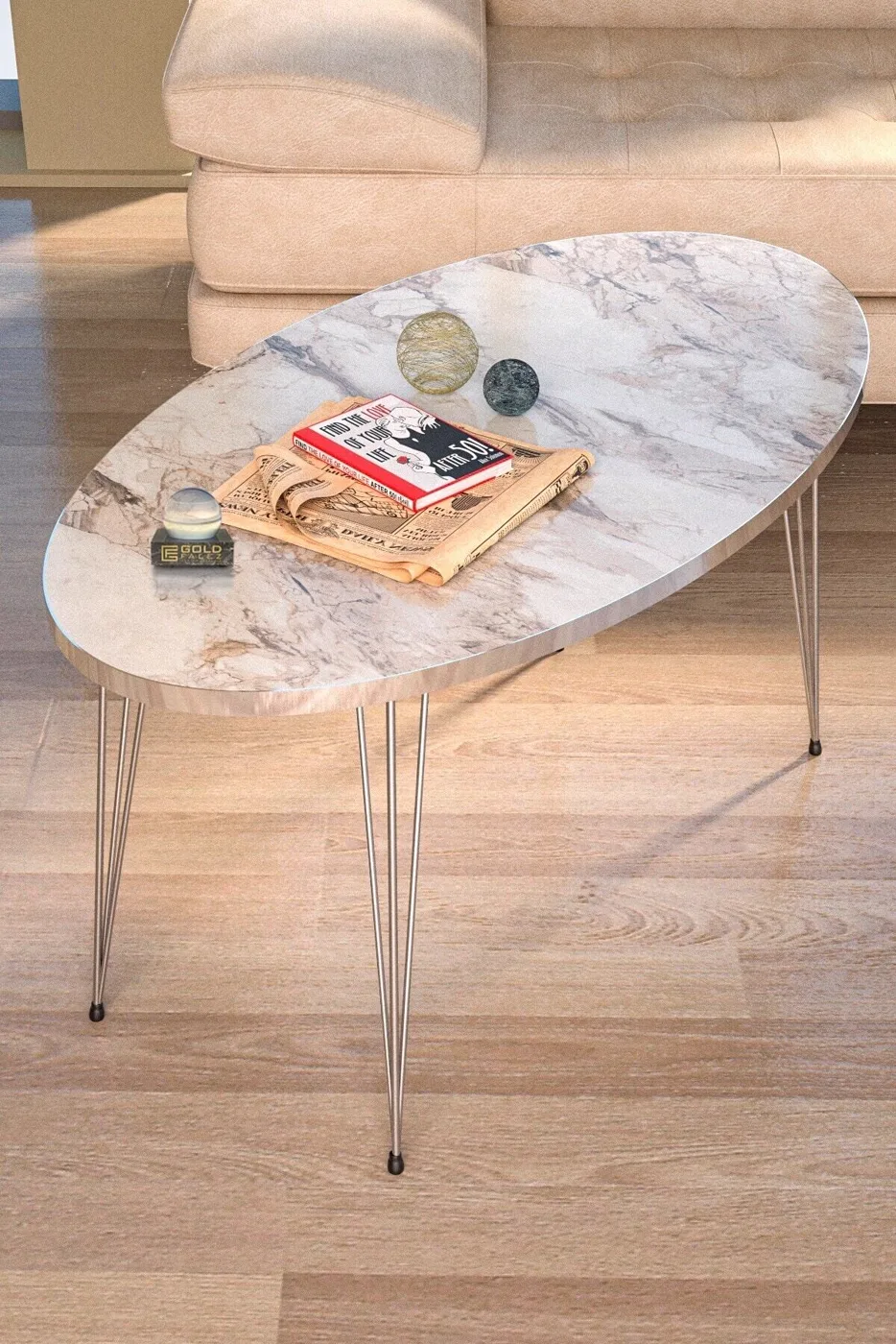 Oval 4-Piece Table Set Gold Wire Legs - White Marble Effect