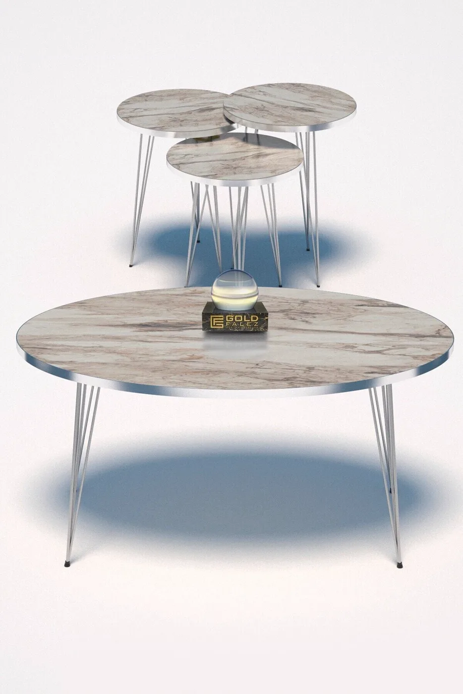 Oval 4-Piece Table Set Gold Wire Legs - White Marble Effect