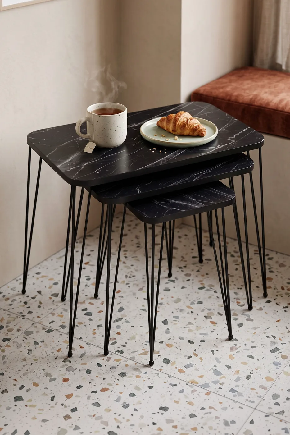 Rectangular Nesting Table Set Wire Legs - Black Marble Effect