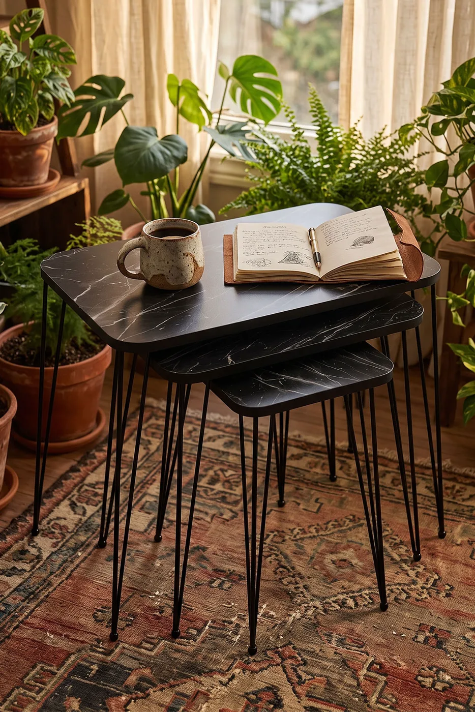 Rectangular Nesting Table Set Wire Legs - Black Marble Effect