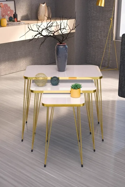 Rectangular Nesting Table Set Gold Wire Legs - White