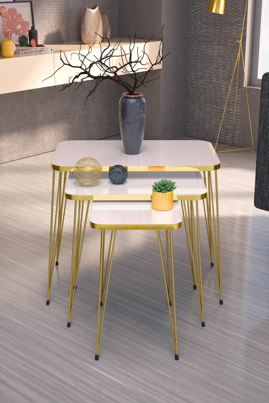 Rectangular Nesting Table Set Gold Wire Legs - White
