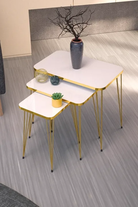 Rectangular Nesting Table Set Gold Wire Legs - White