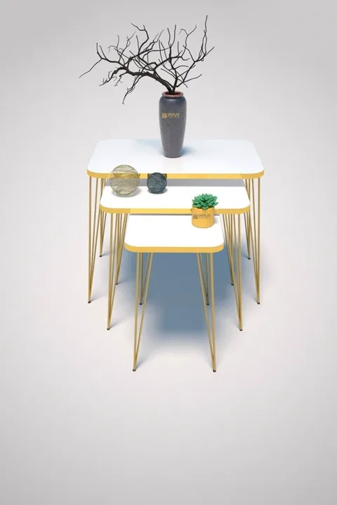 Rectangular Nesting Table Set Gold Wire Legs - White