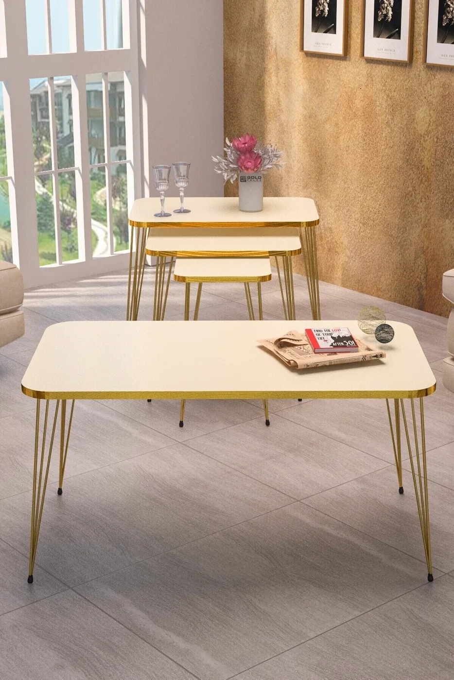 Rectangular 4-Piece Table Set Gold Wire Legs - Cream