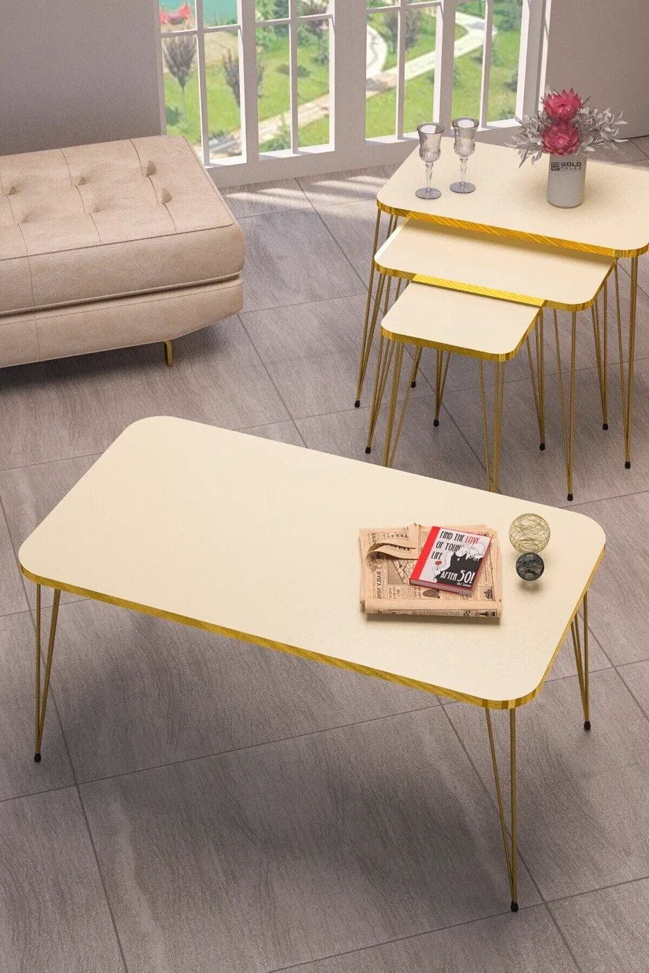Rectangular 4-Piece Table Set Gold Wire Legs - Cream