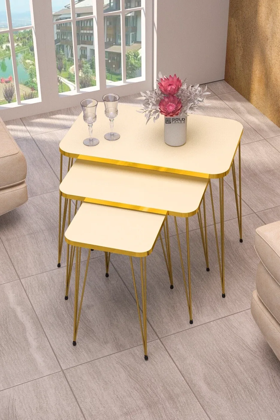 Rectangular 4-Piece Table Set Gold Wire Legs - Cream