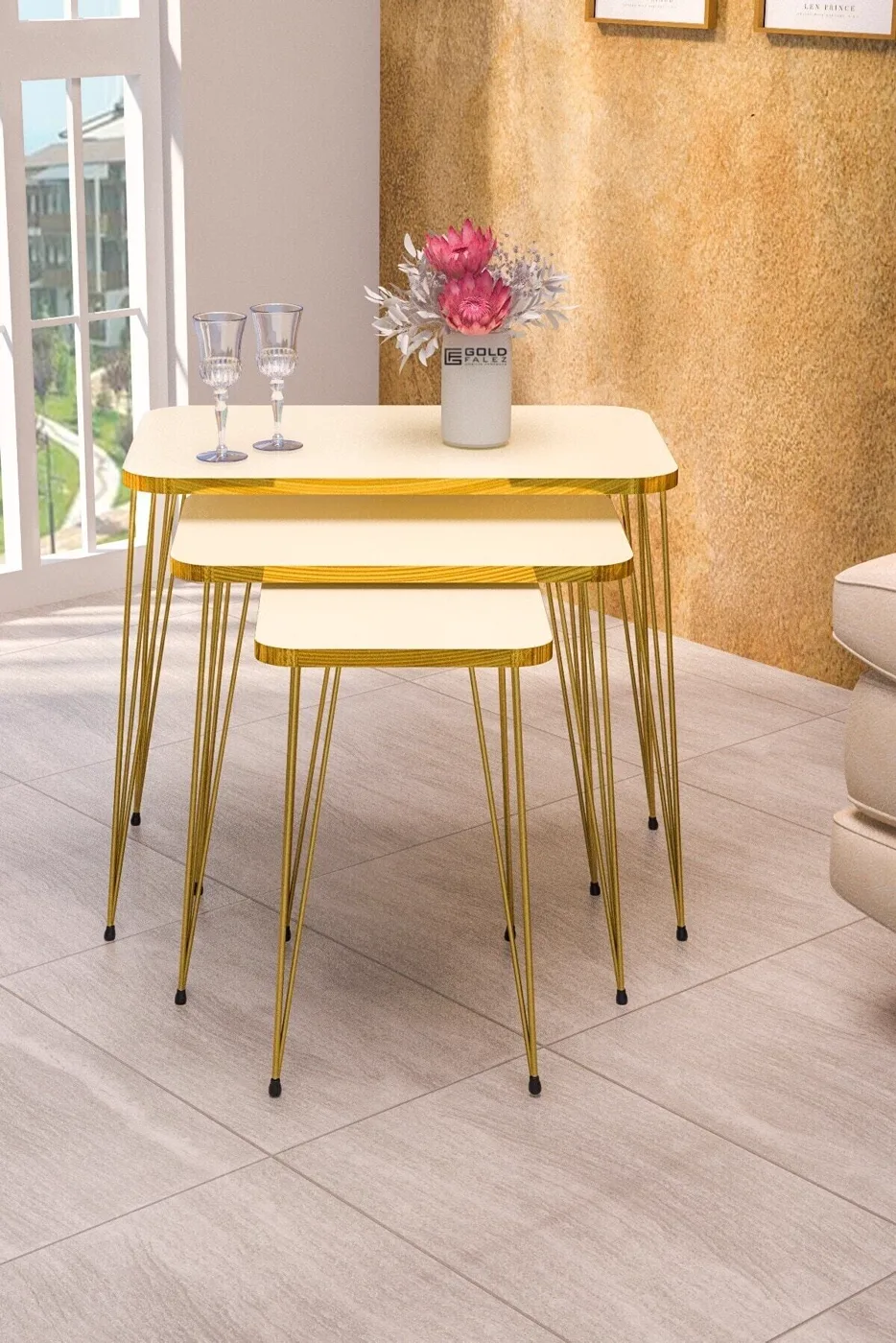 Rectangular 4-Piece Table Set Gold Wire Legs - Cream