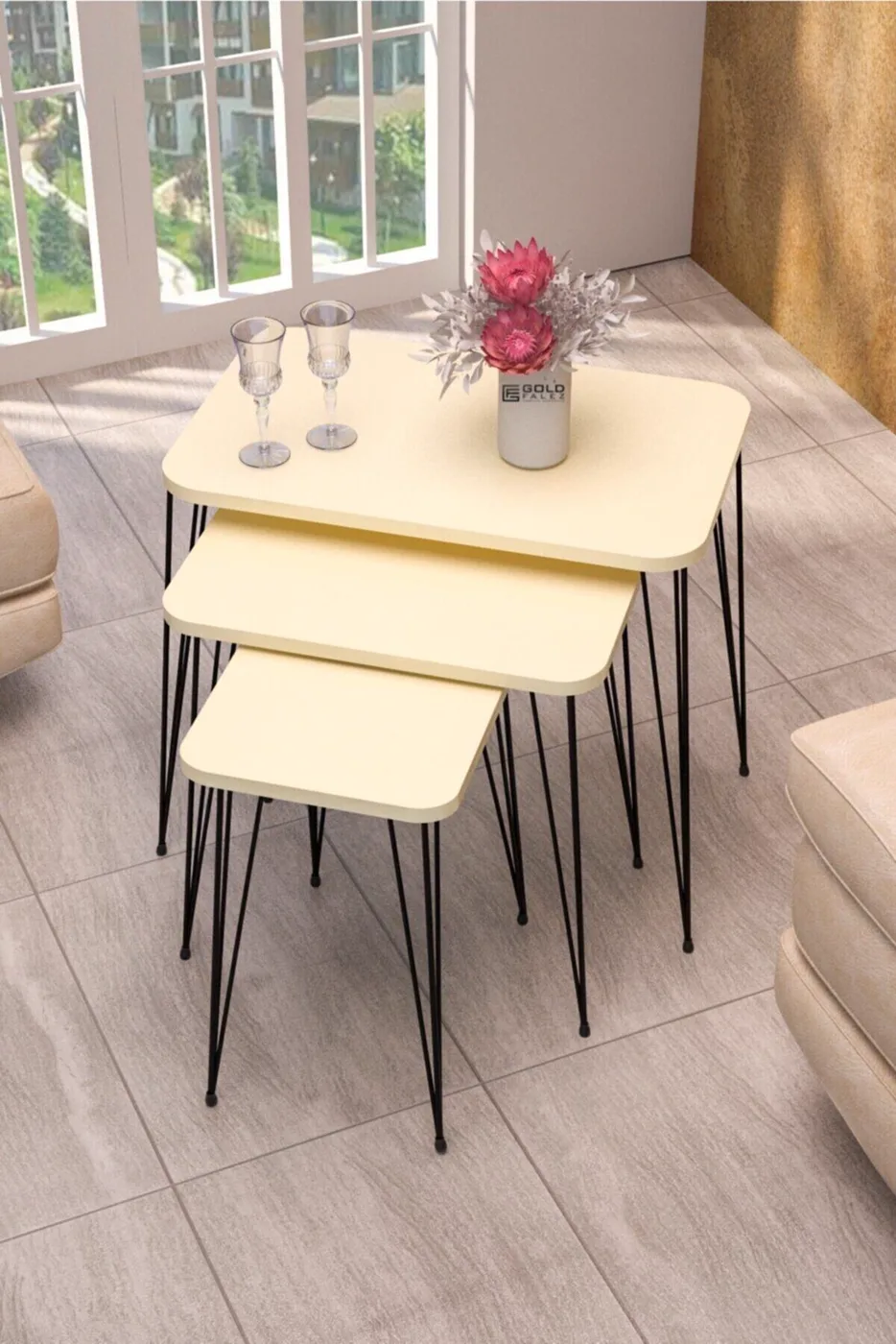 Rectangular Nesting Table Set Wire Legs - Cream