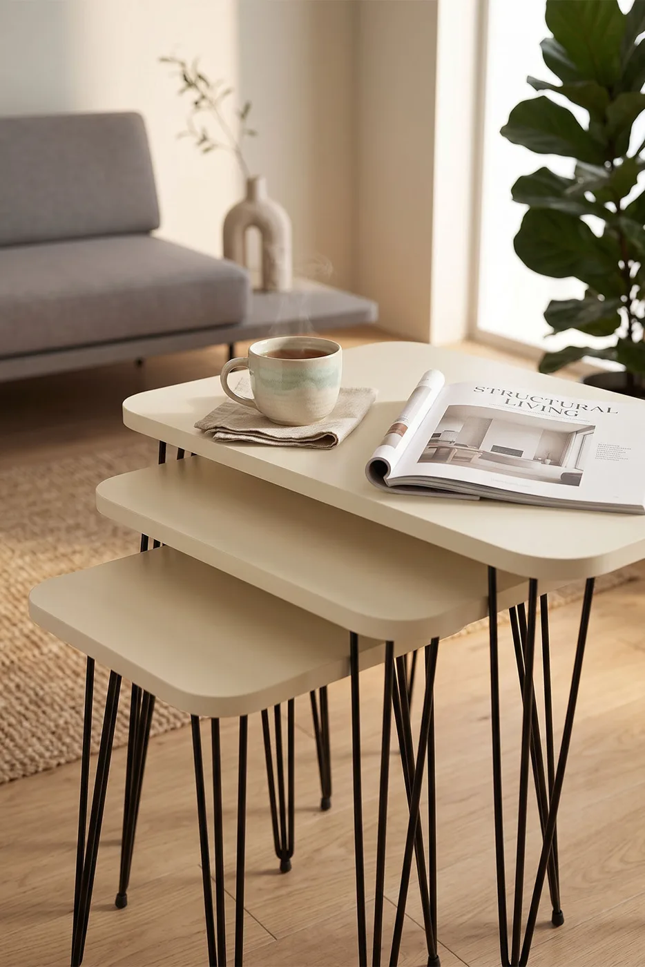 Rectangular Nesting Table Set Wire Legs - Cream