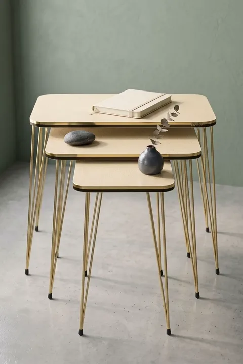 Rectangular Nesting Table Set Gold Wire Legs - Cream