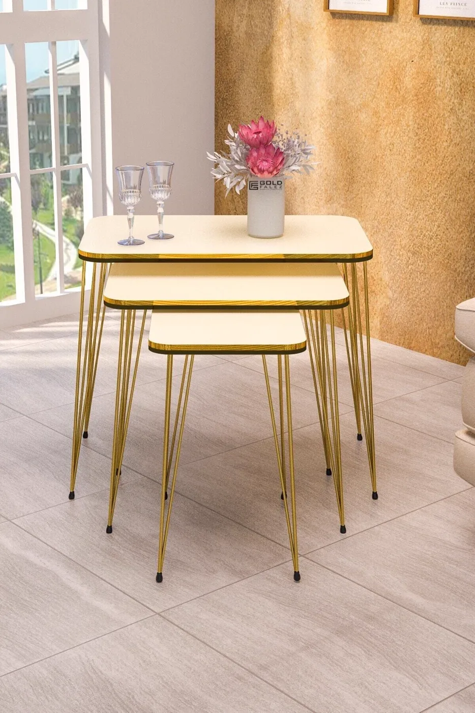 Rectangular Nesting Table Set Gold Wire Legs - Cream