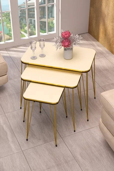 Rectangular Nesting Table Set Gold Wire Legs - Cream