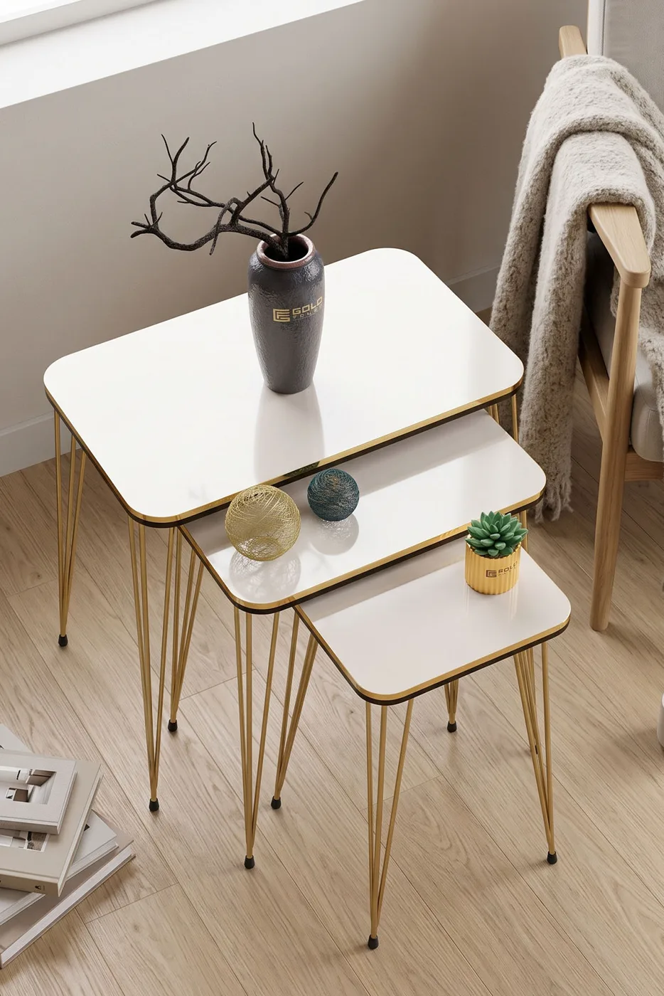 Rectangular Nesting Table Set Gold Wire Legs - Cream