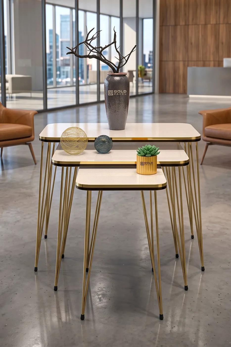 Rectangular Nesting Table Set Gold Wire Legs - Cream